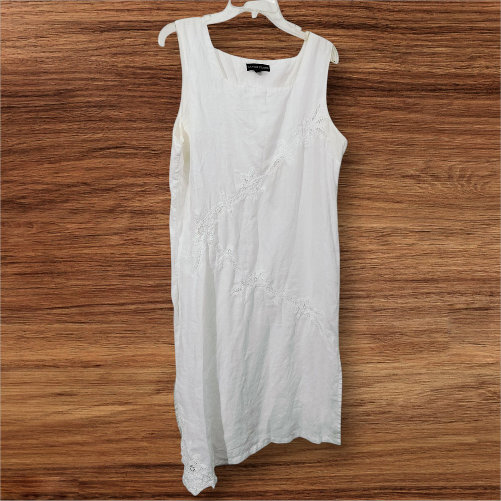 3532) Sandra Steiner Sleeveless White Ramie Embroidery Midi Dress L/14?